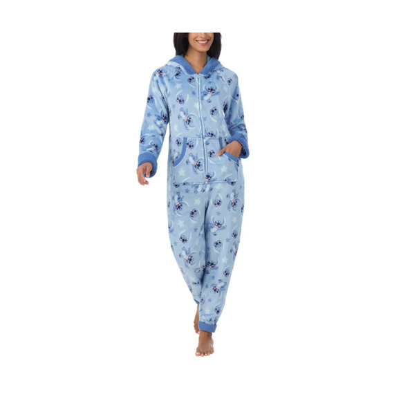 Disney Women’s Stitch Blue Fleece One-Piece Pajamas Medium Hood Plush Cozy - Picture 1 of 4